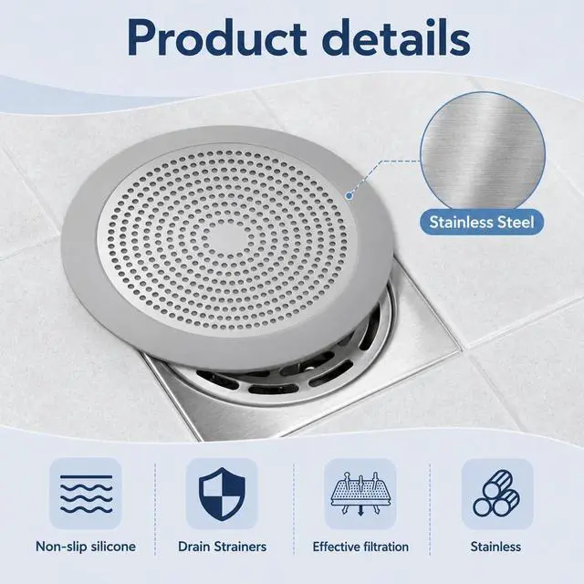 Alt view image 3 of 7 - 2PCS Shower Hair Drain Catcher, 5.7in and 3.5 in Wide Shower Drain Hair Catcher Stainless Steel Shower Drain Cover Fliter Bathroom Sink Hair Stopper for Showers Bathroom Pet Owners Homeowners