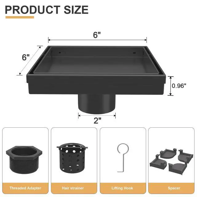 Alt view image 2 of 7 - Linear Shower Drain - 6 Inch Matte Black, with Tile Insert Panels