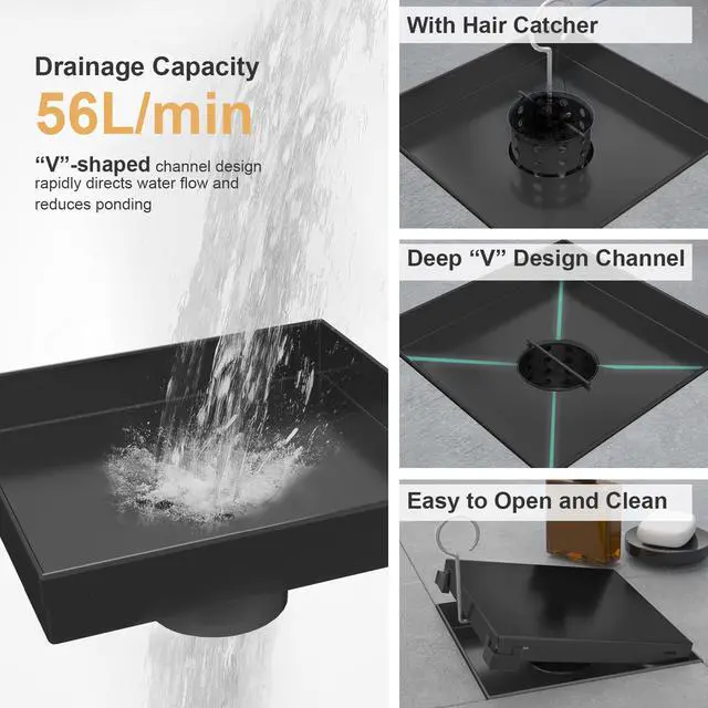 Alt view image 4 of 7 - Linear Shower Drain - 6 Inch Matte Black, with Tile Insert Panels