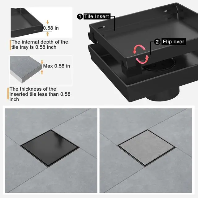 Alt view image 5 of 7 - Linear Shower Drain - 6 Inch Matte Black, with Tile Insert Panels
