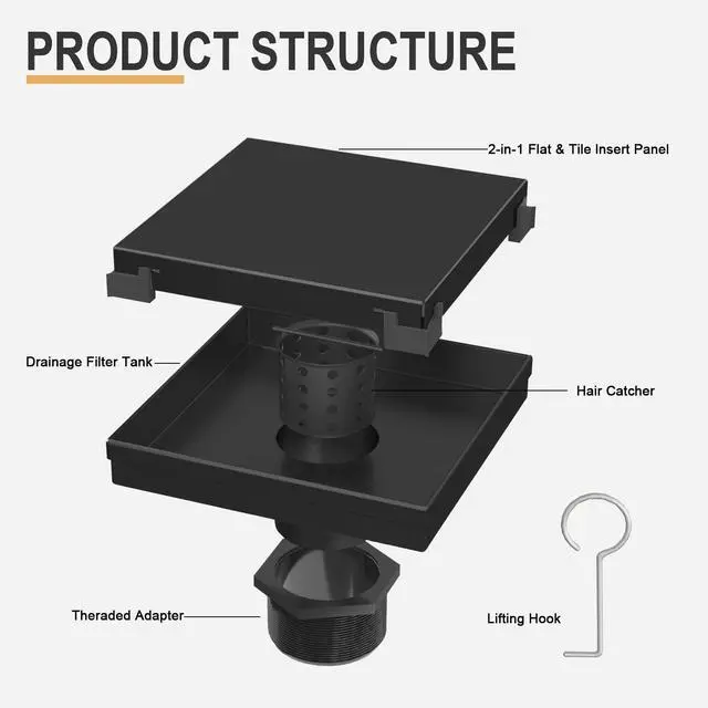 Alt view image 6 of 7 - Linear Shower Drain - 6 Inch Matte Black, with Tile Insert Panels