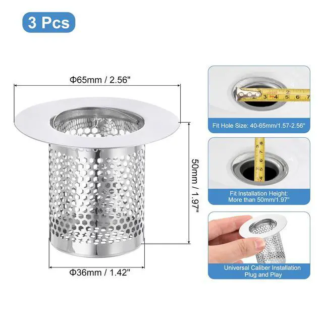 Alt view image 2 of 7 - 2 Pack Shower Drain Strainer, 2" x 2.5" Stainless Steel Floor Drain Strainer Deep Sink Hair Catcher for Kitchen Bathroom Balcony Floor Drain, Fit Hole Size from 1.57" to 2.56"
