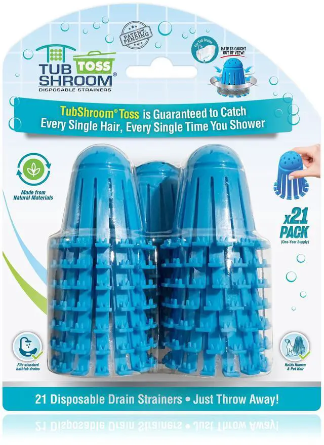 Main image of Toss 21pk Disposable Bath Tub Drain Strainers - Hair Catcher Snare for Shower Bathtub to Prevent Clogged Drains, Traps Human and Pet Hair, One Year Supply (Blue)