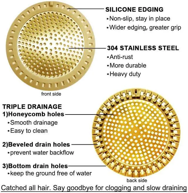 Alt view image 5 of 7 - 2PCS Hair Catcher Shower Drain/Strainer/Cover/Filter/Trap, Bathtub Drain Cover Hair Catcher, Hair Stopper for Bathroom Sink/Floor Drain, Stainless Steel and Silicone Drain Strainer, Gold
