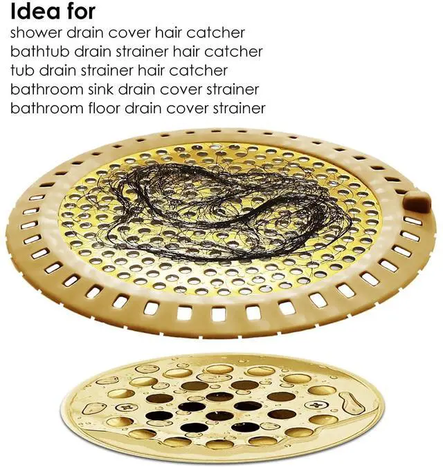 Alt view image 6 of 7 - 2PCS Hair Catcher Shower Drain/Strainer/Cover/Filter/Trap, Bathtub Drain Cover Hair Catcher, Hair Stopper for Bathroom Sink/Floor Drain, Stainless Steel and Silicone Drain Strainer, Gold