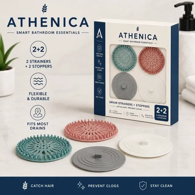 Alt view image 2 of 5 - Athenica Silicone Shower Drain Hair Catcher and Tub Stopper, for Bathroom, Kitchen, and Laundry, 4 Pack