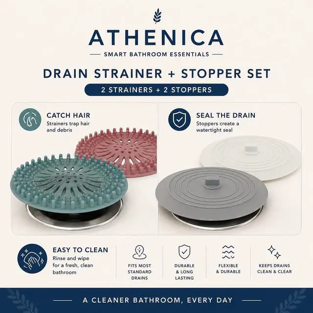 Alt view image 4 of 5 - Athenica Silicone Shower Drain Hair Catcher and Tub Stopper, for Bathroom, Kitchen, and Laundry, 4 Pack