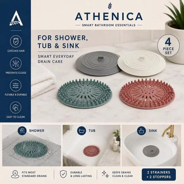 Alt view image 5 of 5 - Athenica Silicone Shower Drain Hair Catcher and Tub Stopper, for Bathroom, Kitchen, and Laundry, 4 Pack