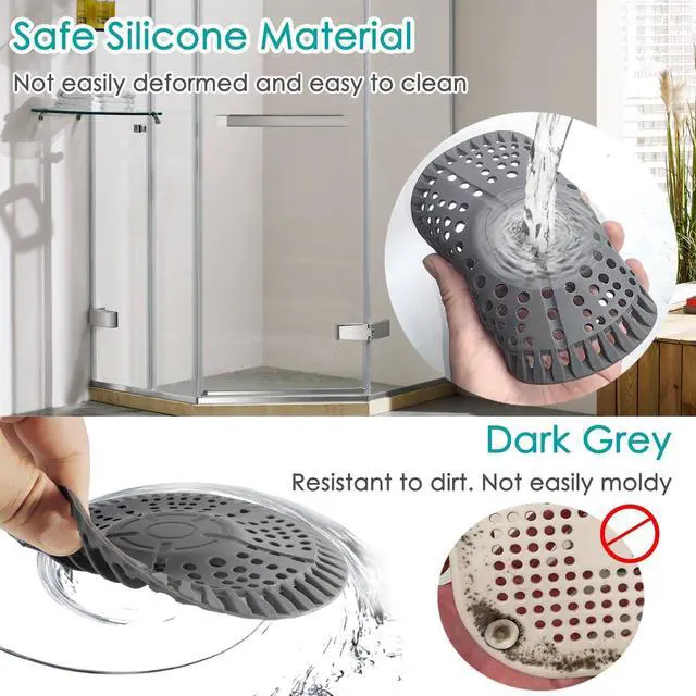 Alt view image 3 of 6 - Shower Drain Hair Catcher, 2 Pack 5.5in Shower Hair Catcher Large Premium Silicone Drain Protector Strainer, Shower Drain Cover for Shower Room, Floor Drain, Bathroom Sink, Dark Grey