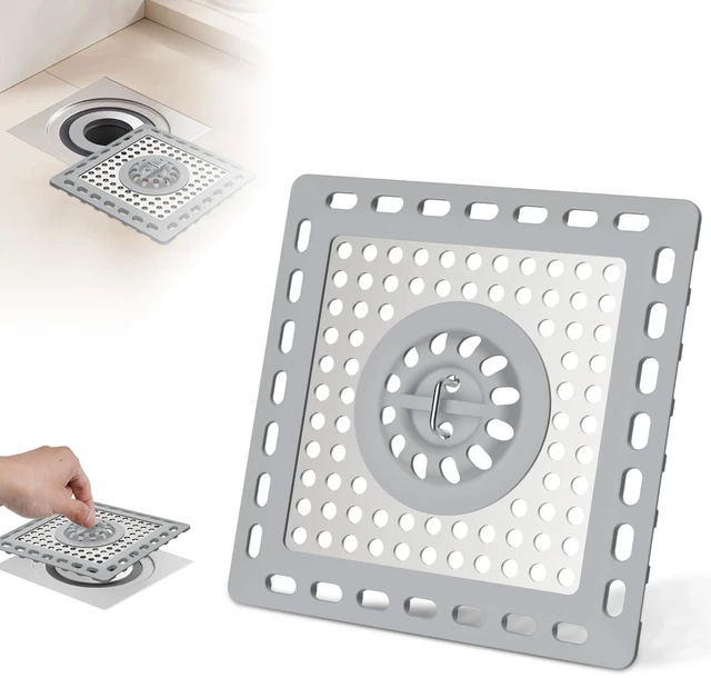 Main image of Upgraded Shower Drain Hair Catcher for Bathroom Floor 4" Drain, Anti-Clogging Shower Drain Cover, Stainless Steel & Silicone Drain Strainer with Handle, Shower Drain Protector, Grey