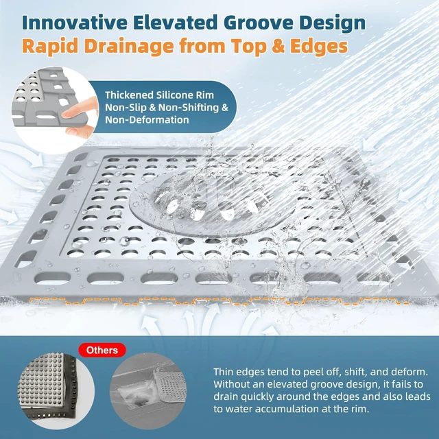 Alt view image 4 of 7 - Upgraded Shower Drain Hair Catcher for Bathroom Floor 4" Drain, Anti-Clogging Shower Drain Cover, Stainless Steel & Silicone Drain Strainer with Handle, Shower Drain Protector, Grey