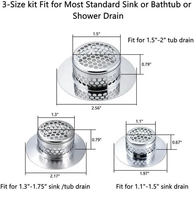 Alt view image 2 of 6 - Bathroom Drain Strainers (Set of 3 Sizes), Hair Catcher for Bathroom Sink Bathtub Shower Floor Drain, Stainless Steel Filter Trap Fit Drain Hole from 1.2 to 2.17