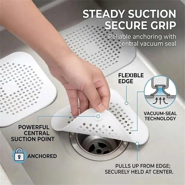 Alt view image 4 of 7 - 5.7 Inch Large Shower Drain Hair Catcher (2-Pack) - Silicone Square Flat Drain Cover, Fits 5" and 6" Standard Shower Drains, Extra Large Hair Catcher for Bathroom Bathtub & Kitchen Sink - White