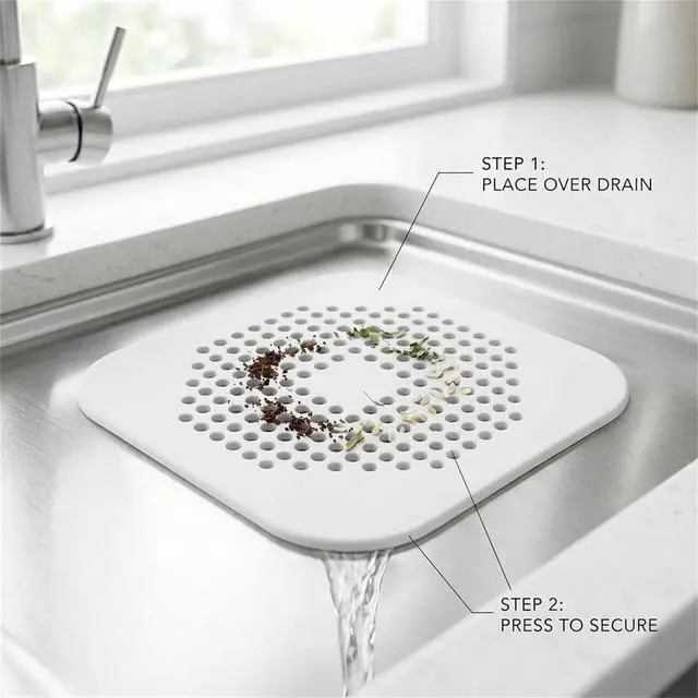 Alt view image 6 of 7 - 5.7 Inch Large Shower Drain Hair Catcher (2-Pack) - Silicone Square Flat Drain Cover, Fits 5" and 6" Standard Shower Drains, Extra Large Hair Catcher for Bathroom Bathtub & Kitchen Sink - White