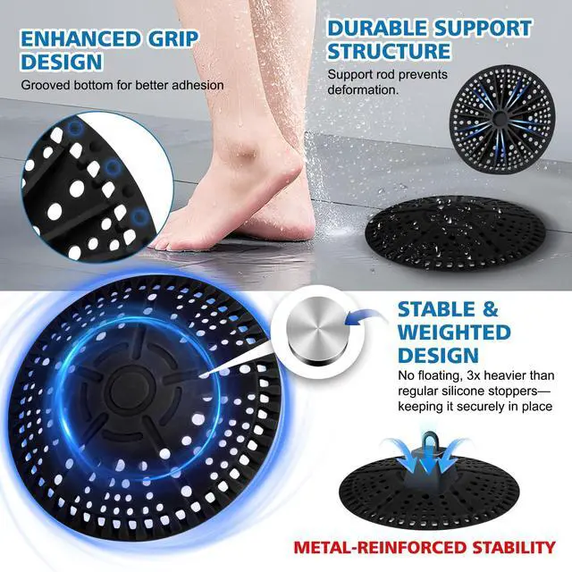 Alt view image 2 of 7 - Shower Drain Hair Catcher, 2 Pack 5.5 Inch Silicone Large Drain Cover, Bathroom Hair Drain Catcher, Flat Anti-Clog Hair Trap for Shower, Bathtub, Tub & Sink Hair Strainer(Black)