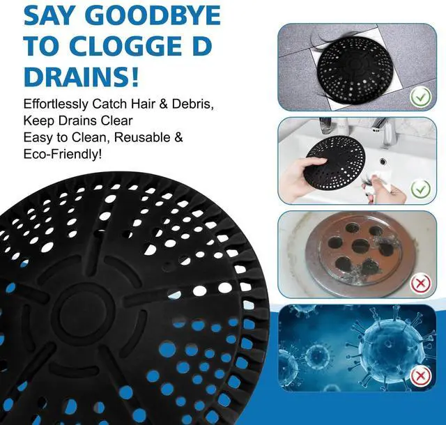 Alt view image 4 of 7 - Shower Drain Hair Catcher, 2 Pack 5.5 Inch Silicone Large Drain Cover, Bathroom Hair Drain Catcher, Flat Anti-Clog Hair Trap for Shower, Bathtub, Tub & Sink Hair Strainer(Black)
