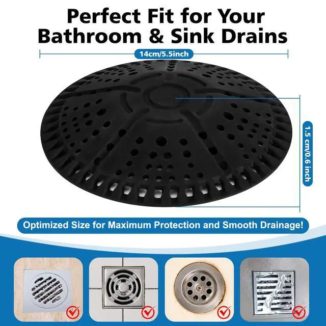 Alt view image 3 of 7 - Shower Drain Hair Catcher, 2 Pack 5.5 Inch Silicone Large Drain Cover, Bathroom Hair Drain Catcher, Flat Anti-Clog Hair Trap for Shower, Bathtub, Tub & Sink Hair Strainer(Black)