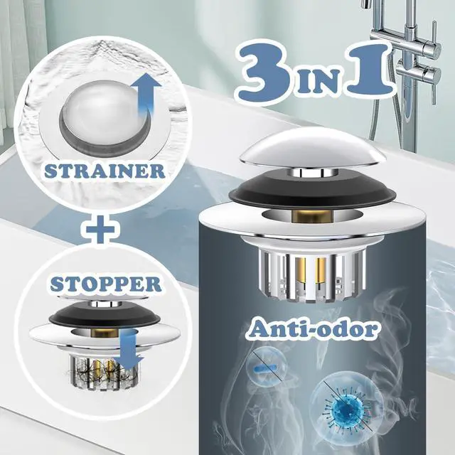 Alt view image 2 of 7 - 3 in 1 Bathtub Drain Stopper Bathtub Drain Hair Catcher, Pop-up Tub Stopper with Effective Filter Basket, Anti-Clogging Bathtub Drain Plug Bath Tub Stoppers for 1.45-1.8" Drain Shoe