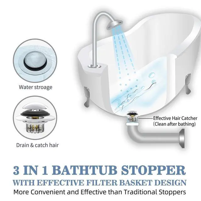 Alt view image 3 of 7 - 3 in 1 Bathtub Drain Stopper Bathtub Drain Hair Catcher, Pop-up Tub Stopper with Effective Filter Basket, Anti-Clogging Bathtub Drain Plug Bath Tub Stoppers for 1.45-1.8" Drain Shoe
