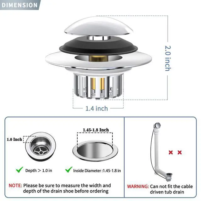 Alt view image 5 of 7 - 3 in 1 Bathtub Drain Stopper Bathtub Drain Hair Catcher, Pop-up Tub Stopper with Effective Filter Basket, Anti-Clogging Bathtub Drain Plug Bath Tub Stoppers for 1.45-1.8" Drain Shoe