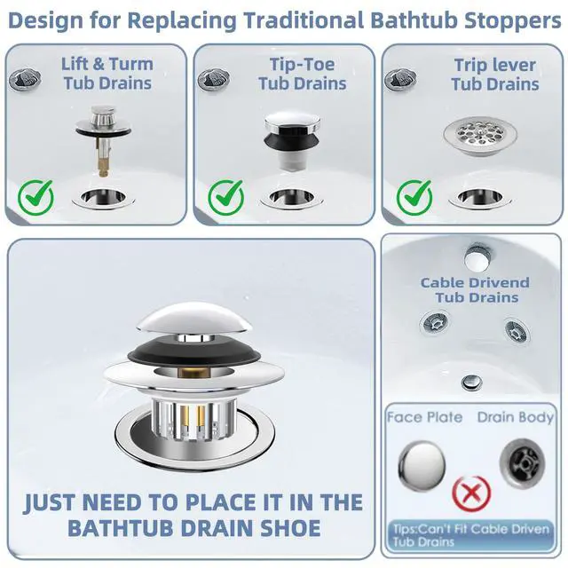 Alt view image 6 of 7 - 3 in 1 Bathtub Drain Stopper Bathtub Drain Hair Catcher, Pop-up Tub Stopper with Effective Filter Basket, Anti-Clogging Bathtub Drain Plug Bath Tub Stoppers for 1.45-1.8" Drain Shoe