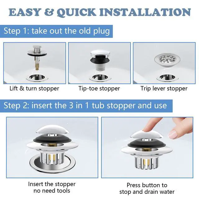 Alt view image 7 of 7 - 3 in 1 Bathtub Drain Stopper Bathtub Drain Hair Catcher, Pop-up Tub Stopper with Effective Filter Basket, Anti-Clogging Bathtub Drain Plug Bath Tub Stoppers for 1.45-1.8" Drain Shoe