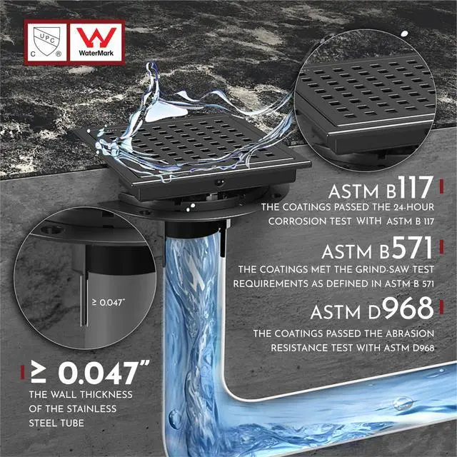 Alt view image 5 of 5 - 6 Inch Square Shower Floor Drain with Flange,Quadrato Pattern Grate Removable,Food-Grade SUS 304 Stainless Steel,Watermark&CUPC Certified,Matte Black