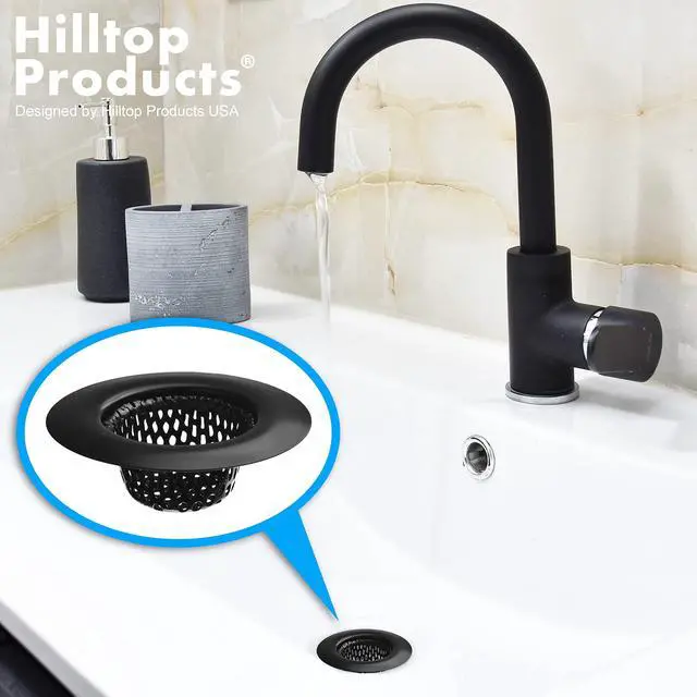 Alt view image 5 of 5 - 2 Pack - 2.25" Top / 1" Basket- Black Sink Strainer Bathroom, Utility, Slop, Laundry, RV and Lavatory Sink Drain Strainer Hair Catcher. Stainless Steel with Black Electroplated Coating