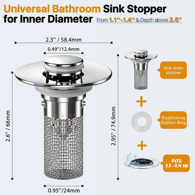 Alt view image 2 of 7 - 2PCS Bathroom Sink Stopper Hair Catcher, Pop Up Sink Drain Stopper with Strainer & Filter, Universal Drain Plug for Sink Drain & Replacement, Sink Drain Cover with Basket for Bathroom Stopper