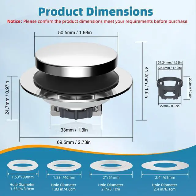 Alt view image 3 of 7 - 3 in 1 Metal Bathtub Drain Stopper, Universal Pop Up Tub Stopper, Bathtub Drain Hair Catcher, Removable Filter Basket, Anti-Clogging Drain Plug for 1.5''~2.4'' Drain, Brass Bullet Core, Chrome
