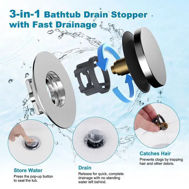 Alt view image 2 of 7 - 3 in 1 Metal Bathtub Drain Stopper, Universal Pop Up Tub Stopper, Bathtub Drain Hair Catcher, Removable Filter Basket, Anti-Clogging Drain Plug for 1.5''~2.4'' Drain, Brass Bullet Core, Chrome