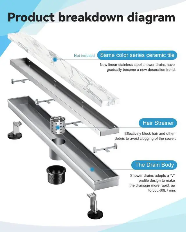 Alt view image 2 of 7 - Shower Drain, 2 in 1 Linear Shower Drain 24 Inch(Brushed Nickel), 304 Stainless Steel Shower Floor Drain with Tile Insert Grate,Adjustable Feet,Hair Filter