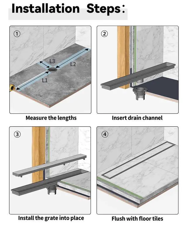 Alt view image 3 of 7 - Shower Drain, 2 in 1 Linear Shower Drain 24 Inch(Brushed Nickel), 304 Stainless Steel Shower Floor Drain with Tile Insert Grate,Adjustable Feet,Hair Filter