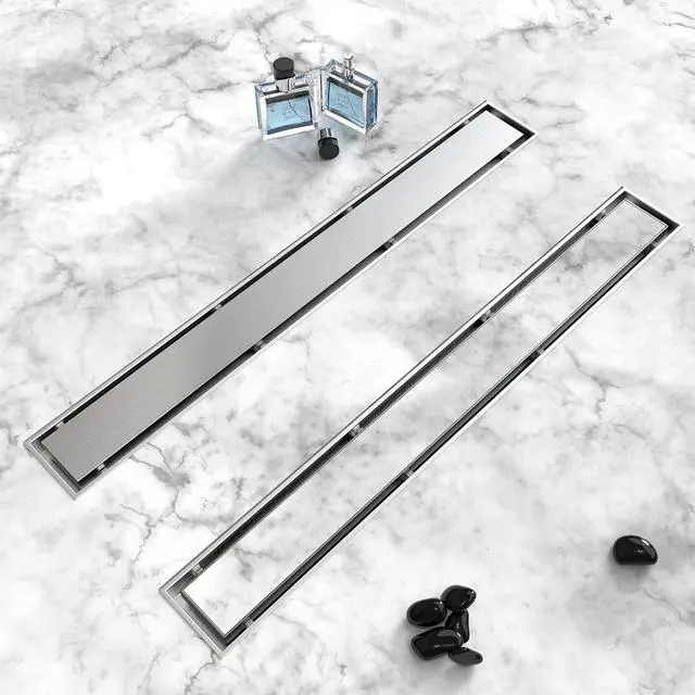 Main image of Shower Drain, 2 in 1 Linear Shower Drain 24 Inch(Brushed Nickel), 304 Stainless Steel Shower Floor Drain with Tile Insert Grate,Adjustable Feet,Hair Filter