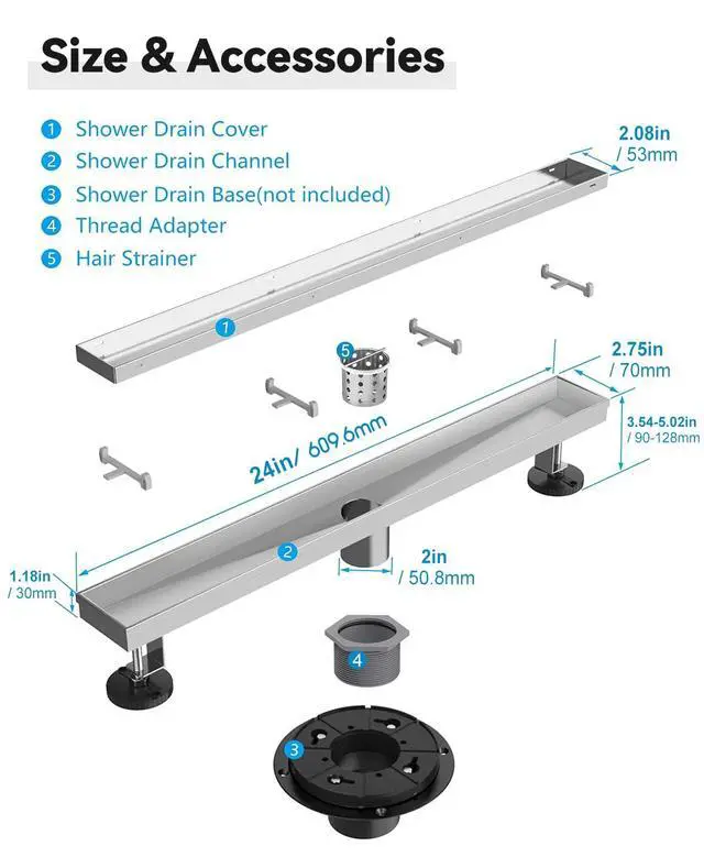 Alt view image 5 of 7 - Shower Drain, 2 in 1 Linear Shower Drain 24 Inch(Brushed Nickel), 304 Stainless Steel Shower Floor Drain with Tile Insert Grate,Adjustable Feet,Hair Filter