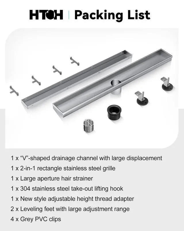 Alt view image 6 of 7 - Shower Drain, 2 in 1 Linear Shower Drain 24 Inch(Brushed Nickel), 304 Stainless Steel Shower Floor Drain with Tile Insert Grate,Adjustable Feet,Hair Filter