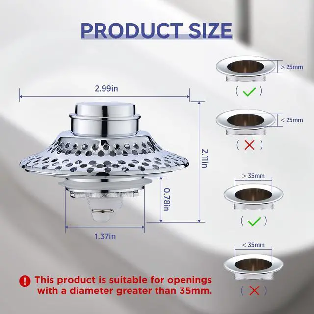 Alt view image 2 of 6 - Bathtub Drain Stopper with Removable Hair Catcher, 3-in-1 Pop-up Drain Plug Fits 1.38 to 1.8 Inch Holes, Upgrade Shower Drain Cover with Stainless Steel Filter