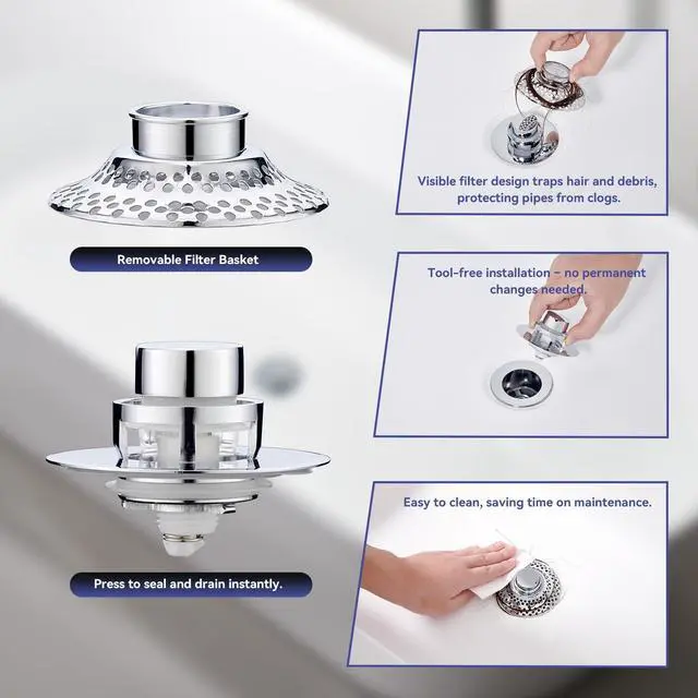 Alt view image 3 of 6 - Bathtub Drain Stopper with Removable Hair Catcher, 3-in-1 Pop-up Drain Plug Fits 1.38 to 1.8 Inch Holes, Upgrade Shower Drain Cover with Stainless Steel Filter