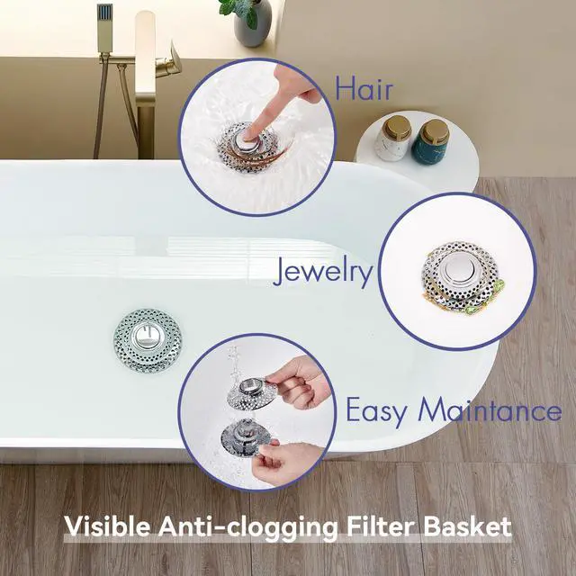 Alt view image 4 of 6 - Bathtub Drain Stopper with Removable Hair Catcher, 3-in-1 Pop-up Drain Plug Fits 1.38 to 1.8 Inch Holes, Upgrade Shower Drain Cover with Stainless Steel Filter