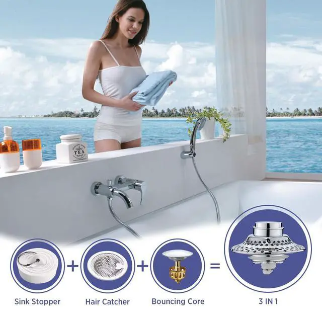 Alt view image 5 of 6 - Bathtub Drain Stopper with Removable Hair Catcher, 3-in-1 Pop-up Drain Plug Fits 1.38 to 1.8 Inch Holes, Upgrade Shower Drain Cover with Stainless Steel Filter