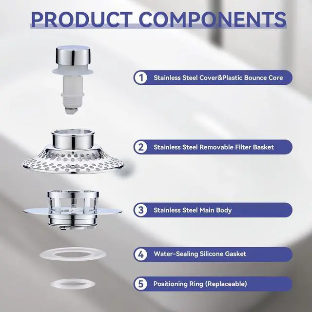 Alt view image 6 of 6 - Bathtub Drain Stopper with Removable Hair Catcher, 3-in-1 Pop-up Drain Plug Fits 1.38 to 1.8 Inch Holes, Upgrade Shower Drain Cover with Stainless Steel Filter