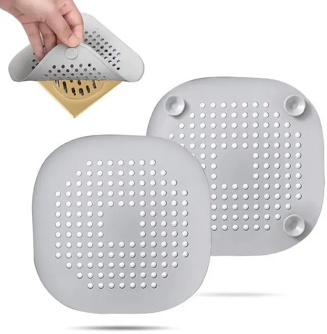Main image of 2 Pack Hair Drain Catcher,Square Drain Cover for Shower Silicone Hair Stopper with Suction Cup,Easy to Install Suit for Bathroom,Bathtub,Kitchen (Sliver Grey)