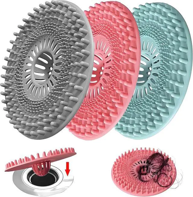 Main image of Silicone Hair Catcher for Shower Drain & Bathtub 3 Pack (Grey/Blue/Pink), Anti-Clog Drain Strainer with Strong Suction, Easy Install, for Bathroom, Kitchen & Pet Hair (Patented)
