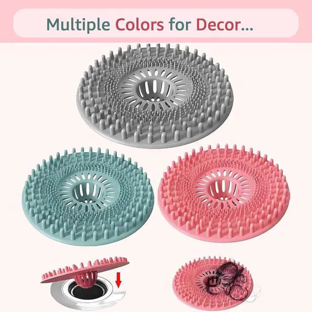 Alt view image 7 of 7 - Silicone Hair Catcher for Shower Drain & Bathtub 3 Pack (Grey/Blue/Pink), Anti-Clog Drain Strainer with Strong Suction, Easy Install, for Bathroom, Kitchen & Pet Hair (Patented)