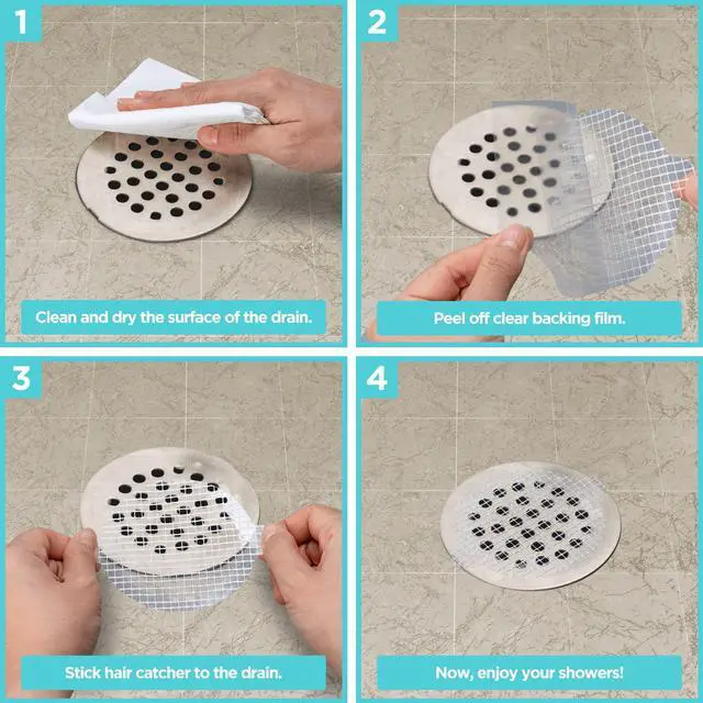 Alt view image 5 of 7 - 25 Pack Disposable Shower Drain Hair Catcher Mesh Stickers - Peel & Stick Drain Strainers to Prevent Clogs, Strong Waterproof Adhesive, Mess-Free Disposable Drain Covers for Shower & Bathtub