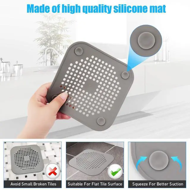 Alt view image 3 of 7 - Square Drain Cover for Shower 5.7-inch TPR Drain Hair Catcher Flat Silicone Plug for Bathroom and Kitchen Filter Shower Drain Protection Flat Strainer Stopper with Suction Cups 2 Pack (Grey)