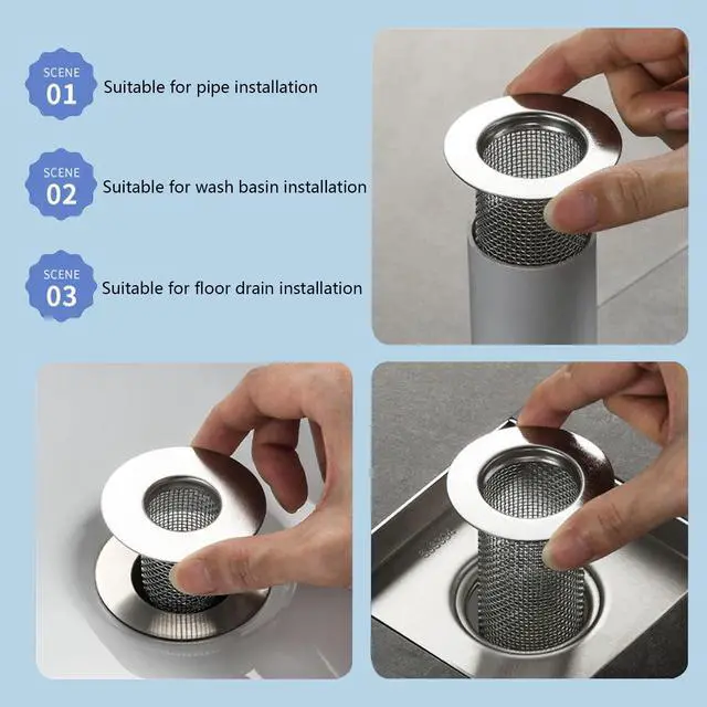 Alt view image 3 of 7 - Bathroom Sink Drain Strainer Stainless Steel, 2 Pack Floor Drain Filter Mesh Basket Filter Hair Trap Anti-Clog Slag Strainer - Large Wide Rim 2.16" Diameter