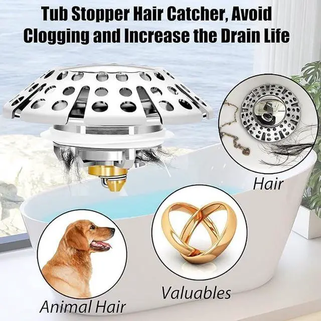 Alt view image 2 of 7 - Bathtub Drain Stopper, Pop Up Tub Stopper with Hair Catcher, Bathtub Plug and Cover with Strainer, Universal for 1.5 to 1.8in Tub Drain