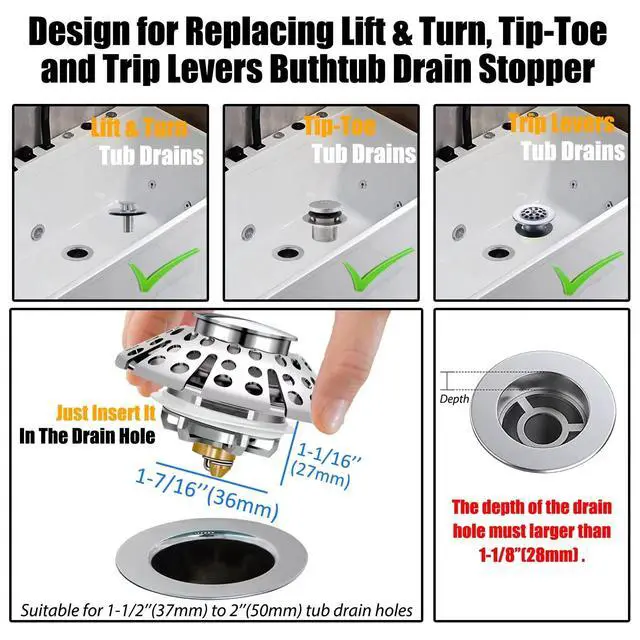 Alt view image 3 of 7 - Bathtub Drain Stopper, Pop Up Tub Stopper with Hair Catcher, Bathtub Plug and Cover with Strainer, Universal for 1.5 to 1.8in Tub Drain