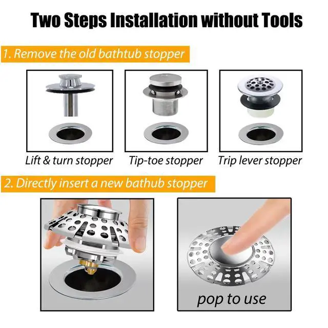 Alt view image 4 of 7 - Bathtub Drain Stopper, Pop Up Tub Stopper with Hair Catcher, Bathtub Plug and Cover with Strainer, Universal for 1.5 to 1.8in Tub Drain